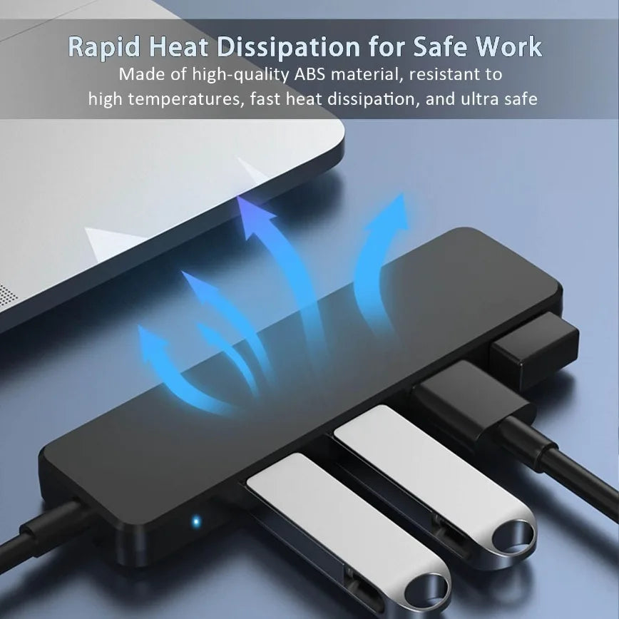 A black 4-port USB 3.0 hub adapter with heat dissipation arrows shown next to a laptop.