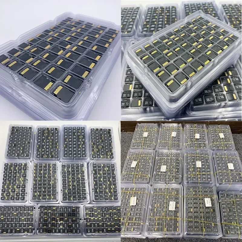 A collection of high-speed SD and TF memory cards packaged in clear plastic trays.