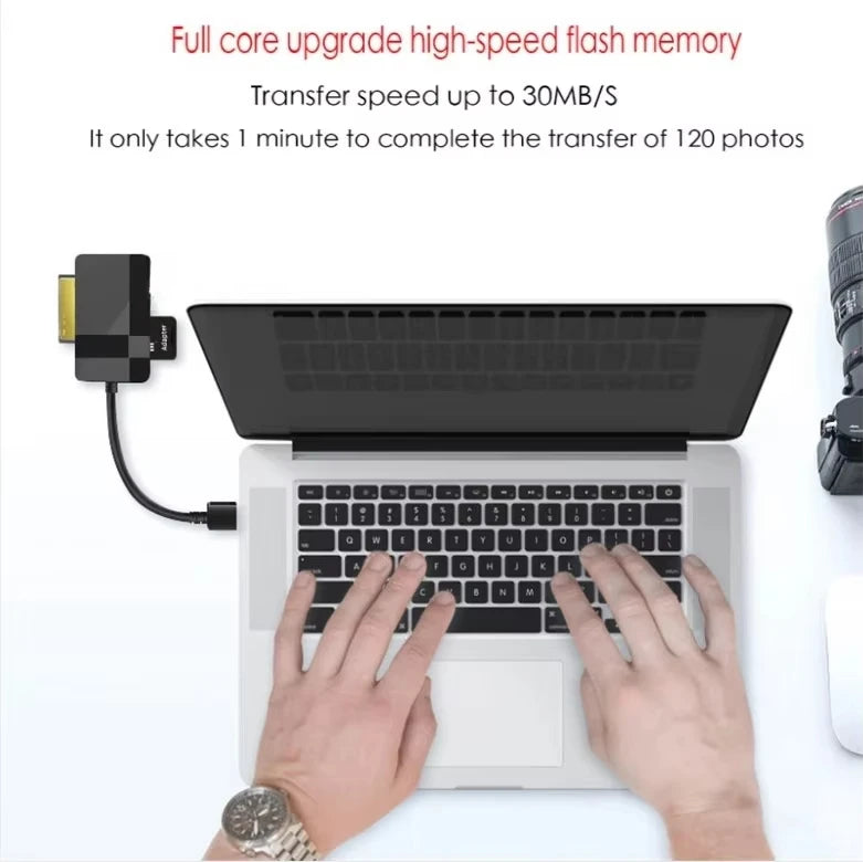 Una persona está usando un adaptador de memoria flash de alta velocidad para transferir fotos desde una computadora portátil.