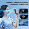 A woman is using a portable rechargeable handheld cooling fan that emits a strong airflow.