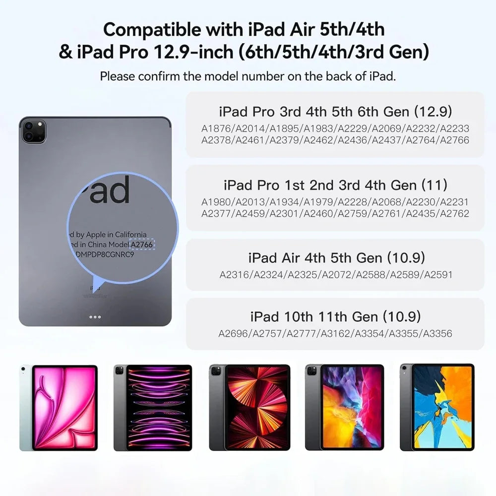 Magnetic wireless keyboard case with backlit trackpad for various iPad models
