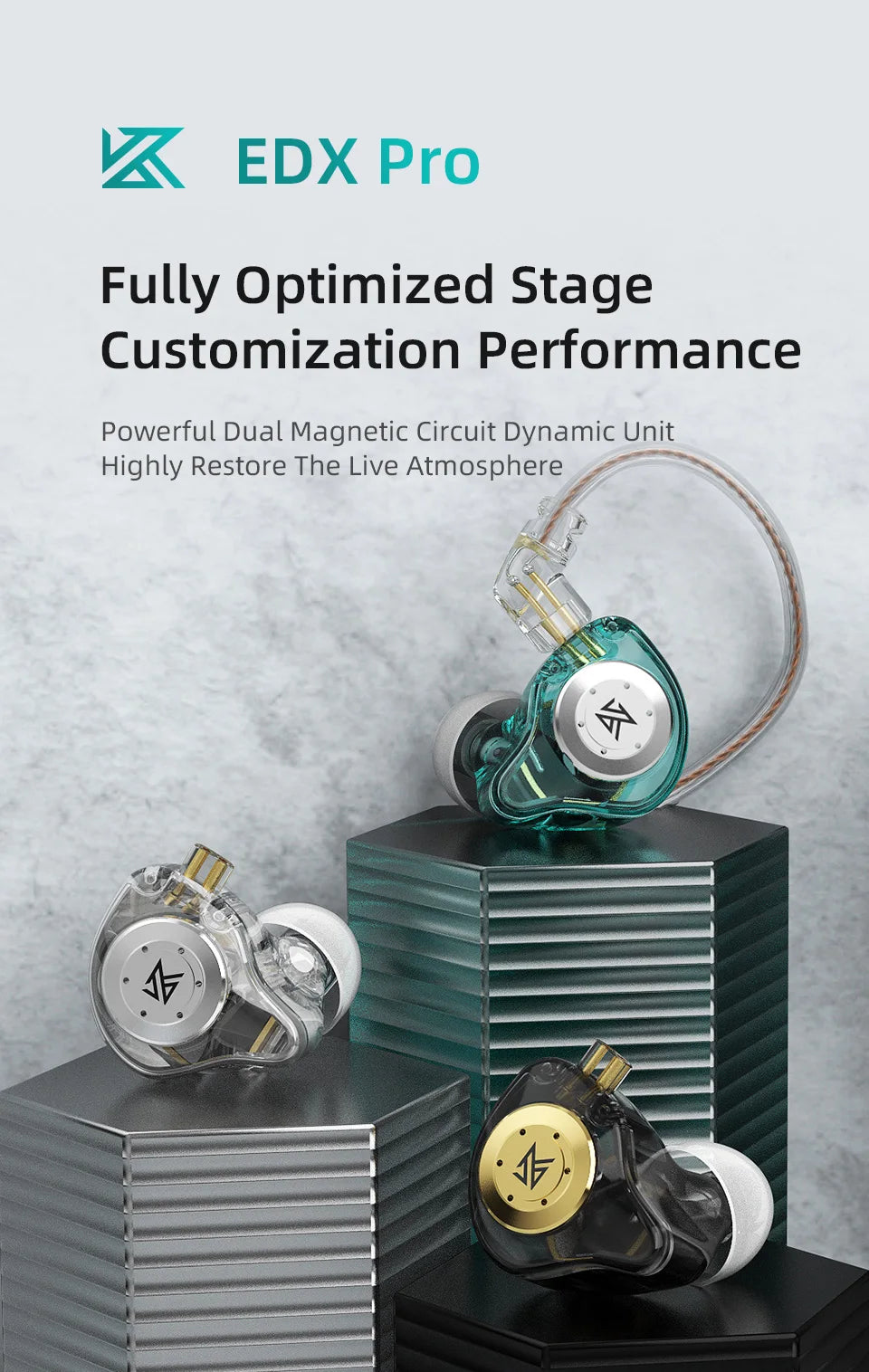 A pair of clear and gold dynamic earphones displayed on stacked dark green and silver hexagonal stands.