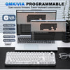 A transparent wireless mechanical keyboard is shown next to a laptop displaying software options for key mappings and customi