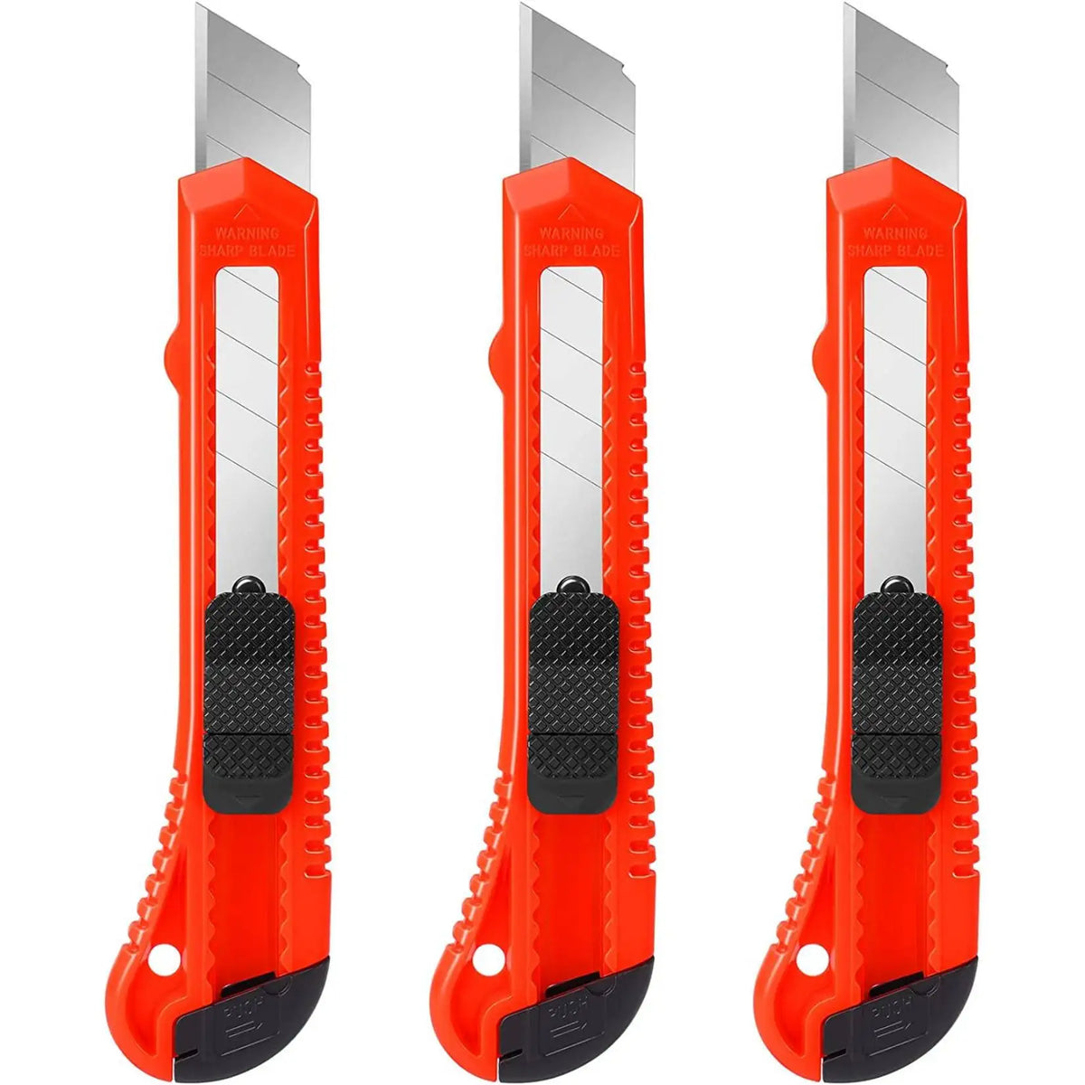 A set of three orange and silver retractable utility box cutters.