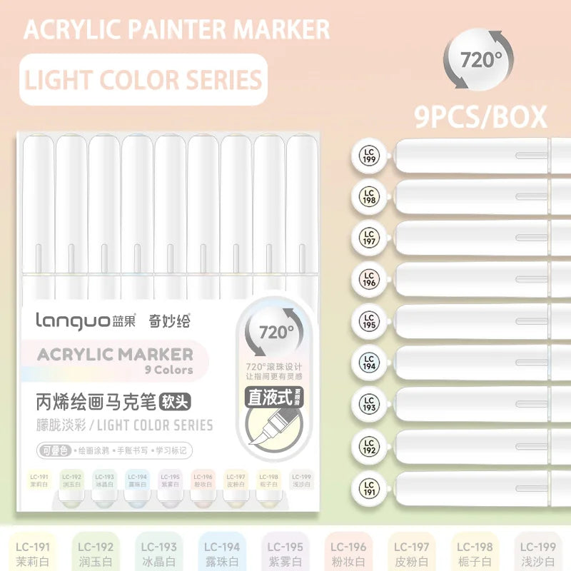 A box of Languo Acrylic Marker Light Color Series with 9 colors, showing various white markers.