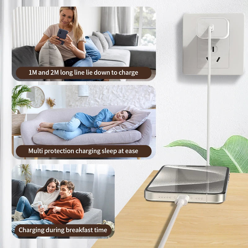 كابل شحن فائق السرعة USB-C يُستخدم لشحن أجهزة آبل، مع عرض لسيناريوهات مختلفة للاستخدام.