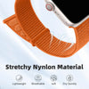 Orange stretchy nylon watch strap for an Apple Watch shown with features like lightweight, breathable, soft, and quick-drying