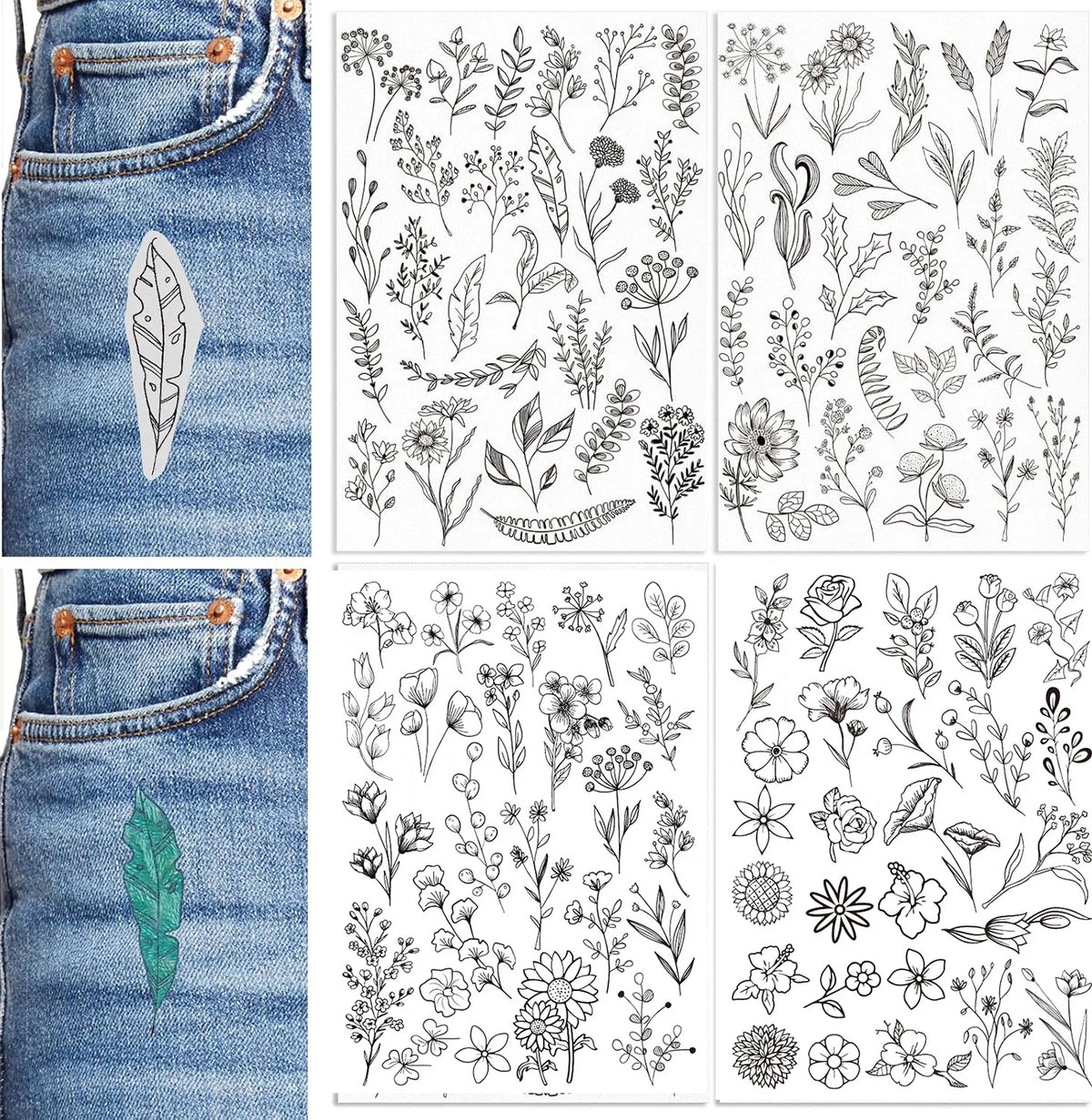Sheet of water-soluble embroidery paper featuring pre-printed floral patterns on denim fabric.