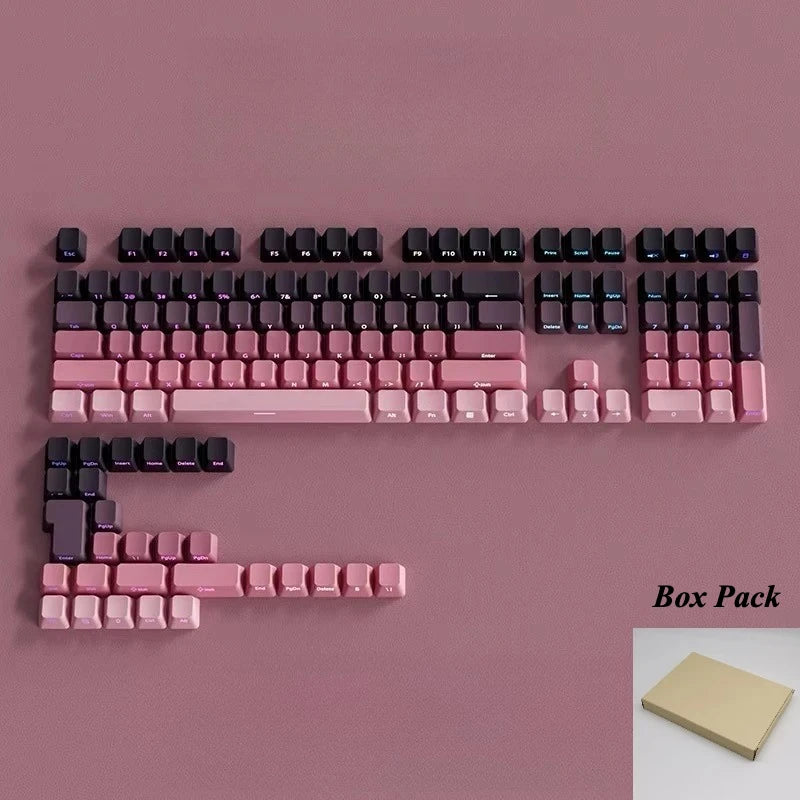 A box pack of pink and black PBT double-shot cherry profile keycaps for mechanical keyboards.