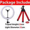 Red LED selfie ring light with a tripod, featuring a 16cm height and 33cm light diameter.