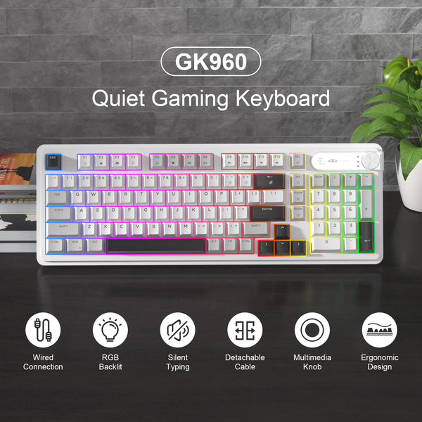 A white GK960 quiet gaming keyboard with colorful keys and various features displayed on a dark surface.