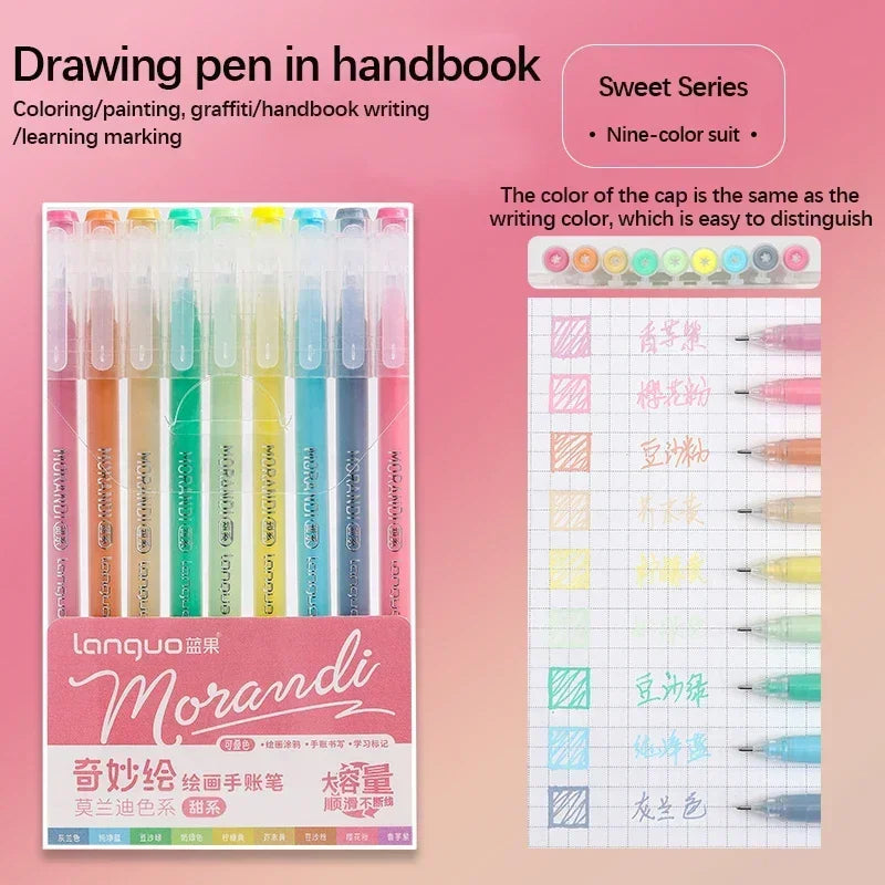 A set of Morandi drawing pens and colored pencils displayed in a box with various colors and tips.