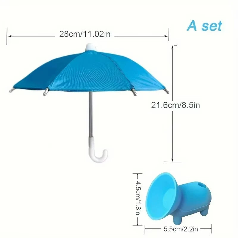 A set of blue umbrella stands with suction cups and a phone holder.
