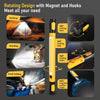 Magnetic rechargeable LED work light featuring a rotating base, body, and hooks for versatile use.