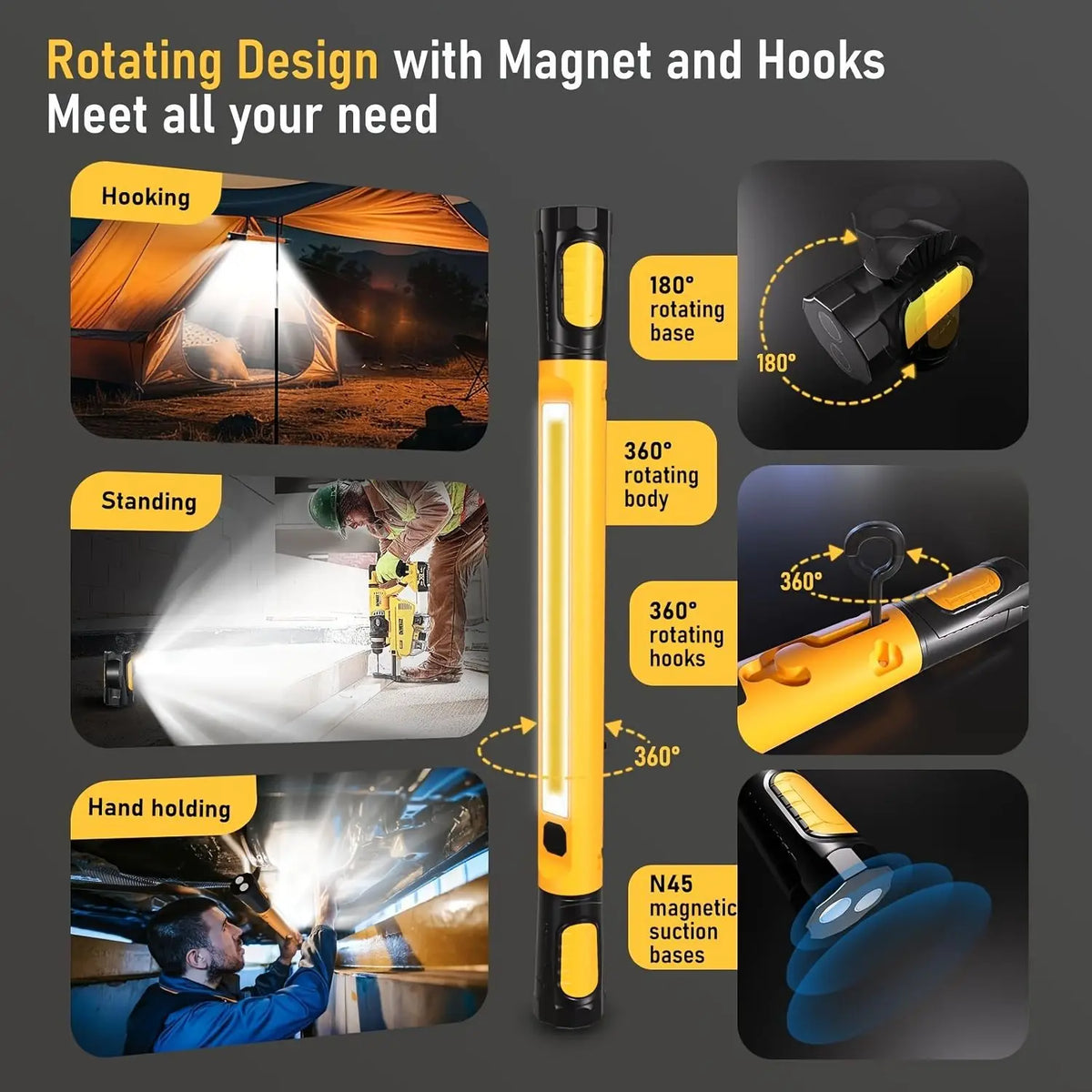 Magnetic rechargeable LED work light featuring a rotating base, body, and hooks for versatile use.