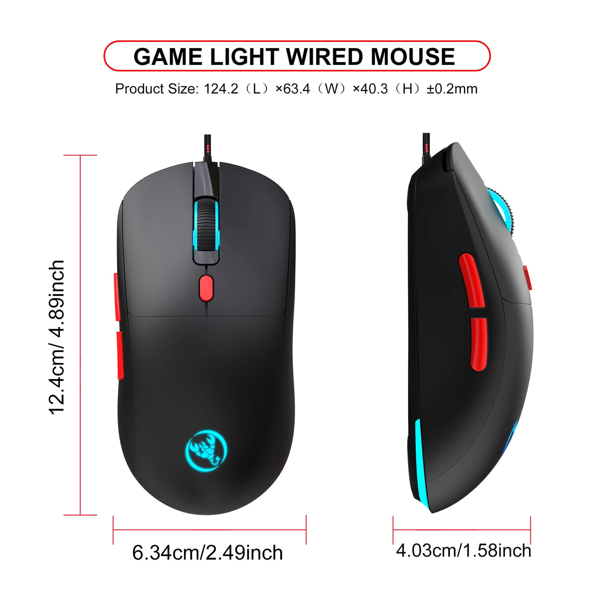 Black wired gaming mouse shown from top and side views with blue accents