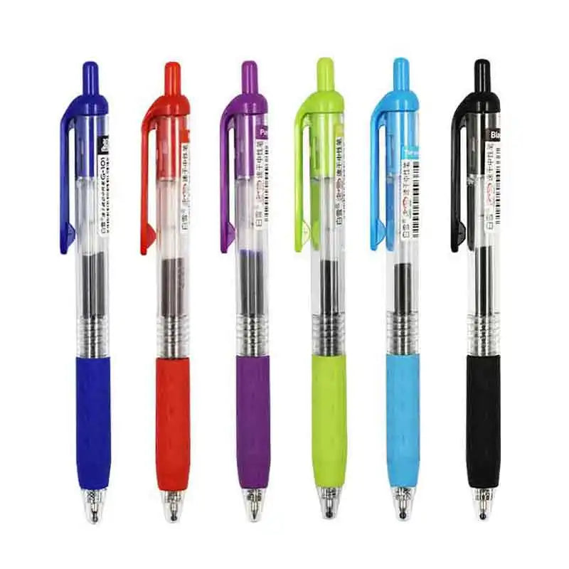 A set of six precision rollerball gel pens in various colors including blue, red, purple, and green.