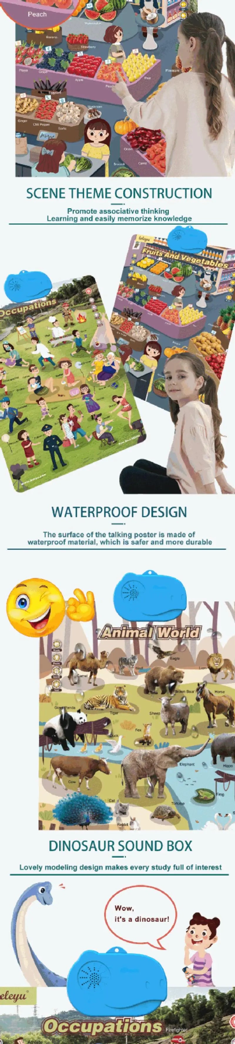 An interactive alphabet wall chart for preschool learning featuring various educational themes and activities.
