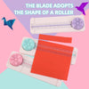 A paper cutting machine demonstrates the blade adopting the shape of a roller, shown in various colors.