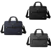 Two black leather briefcases, one navy blue, featuring laptop compartments and shoulder straps.