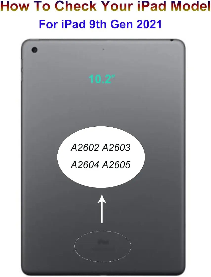 Close-up view of an iPad 9th Gen screen showing model numbers A2602, A2603, A2604, and A2605.