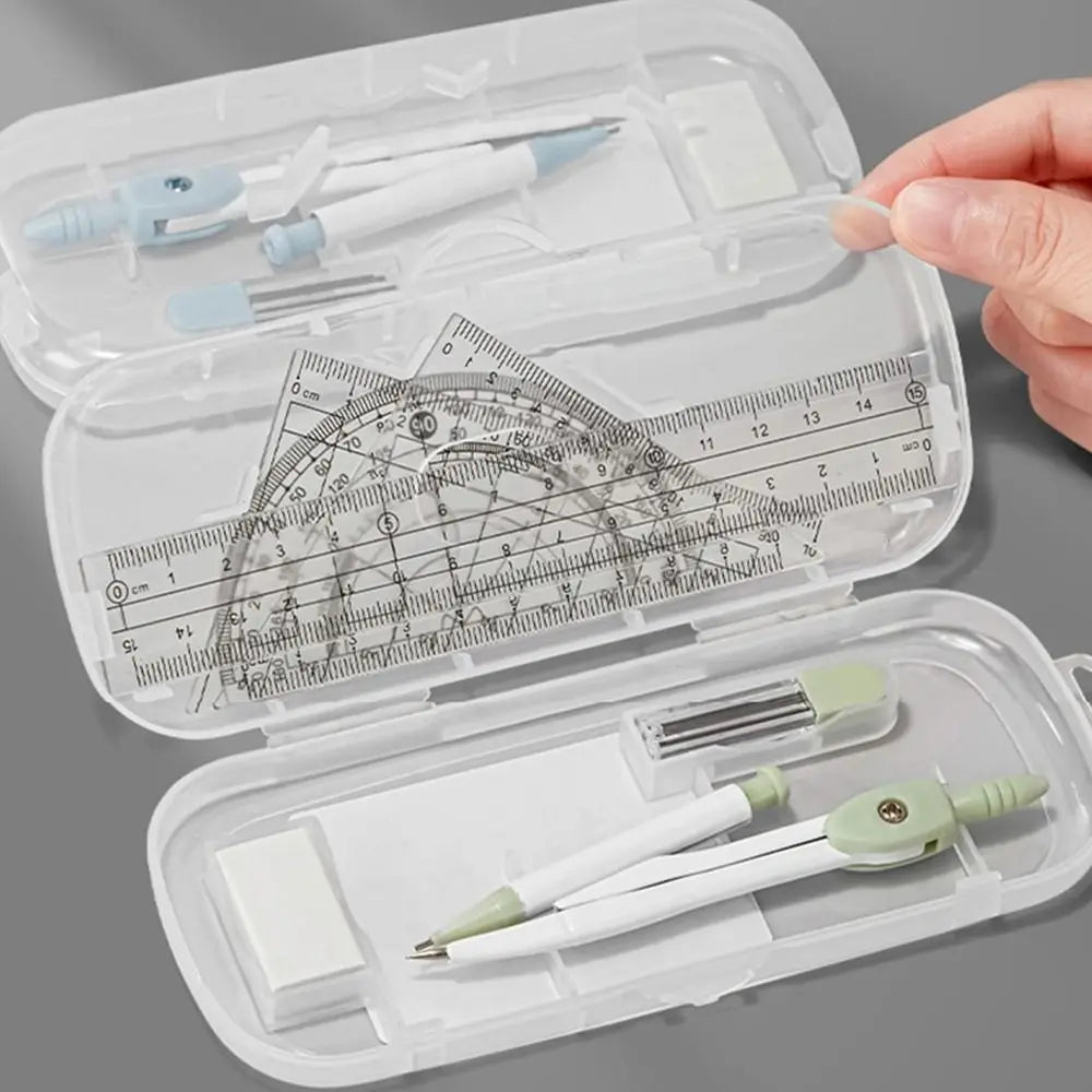 A clear plastic case holds a precision set of measuring tools including pens and tweezers.