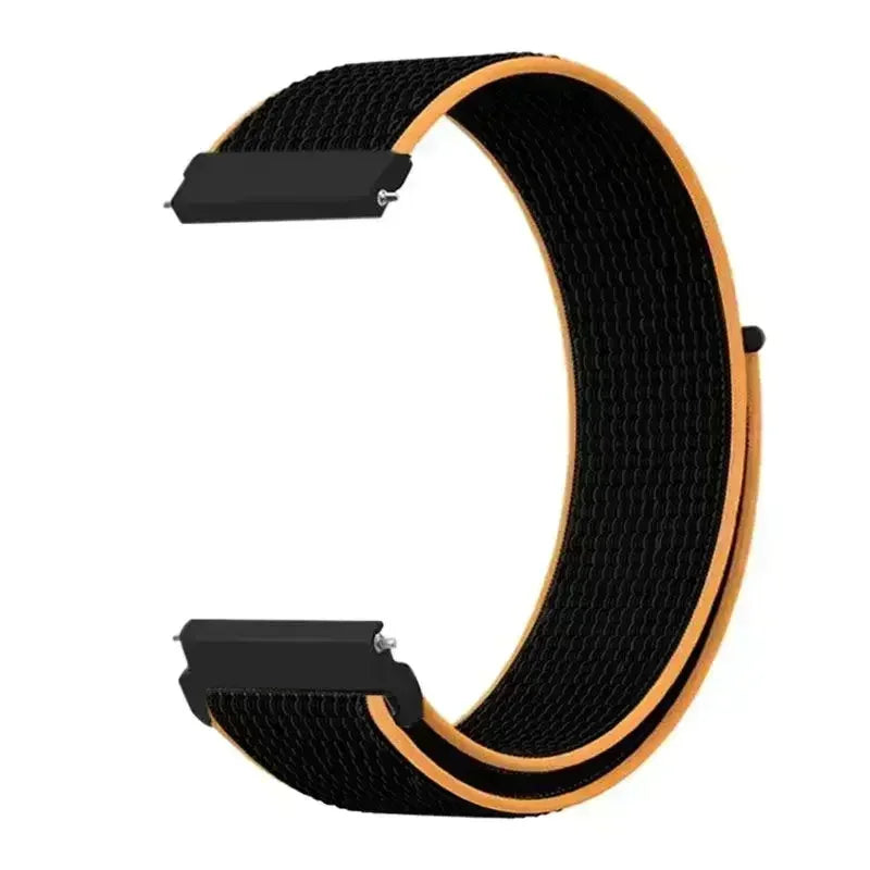 A black nylon loop watch strap with an orange accent is shown in a curved shape.