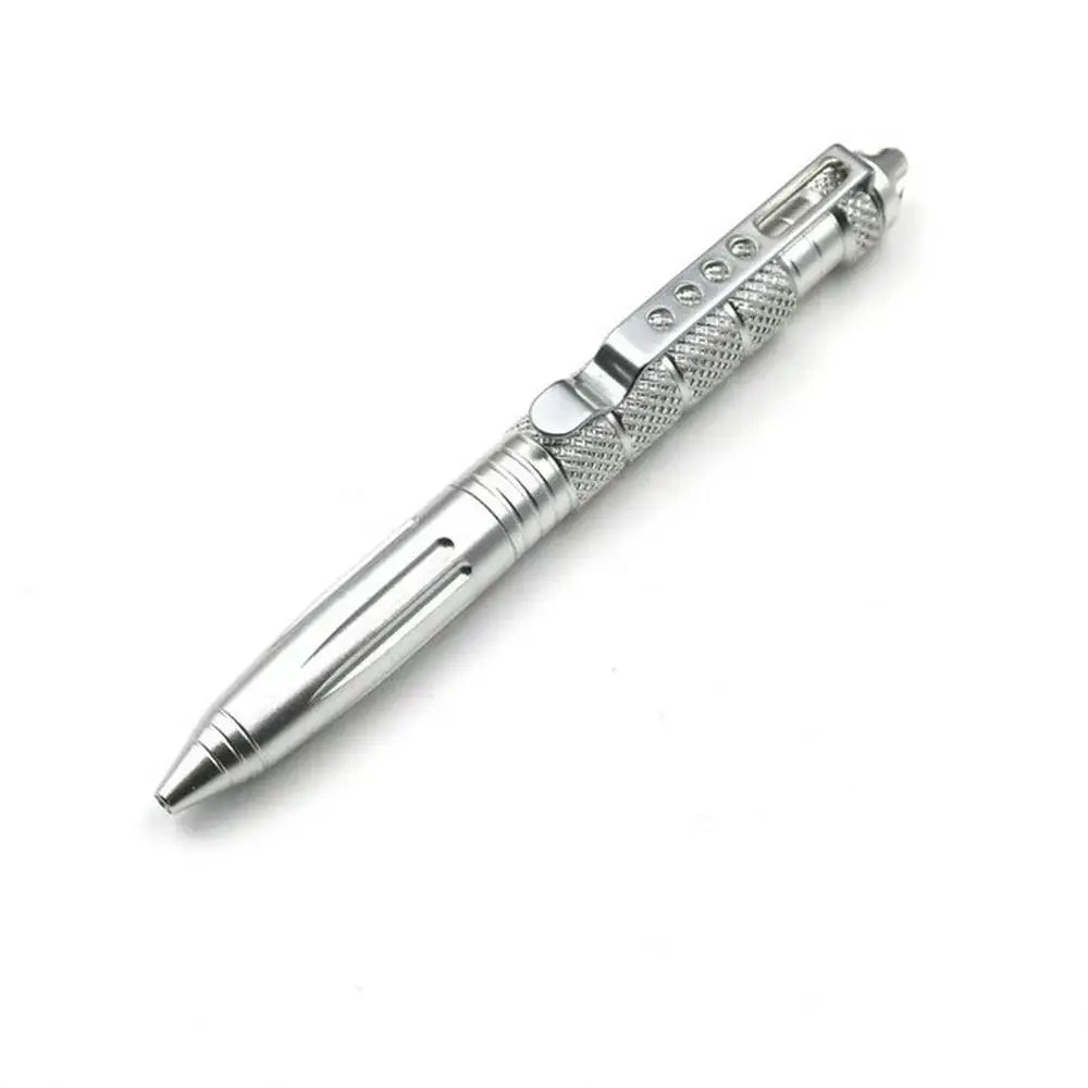 A silver tactical aluminum pen with a textured grip and a pointed tip.