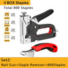 A set of 4 box staples and a nail gun with a staple remover for construction work.
