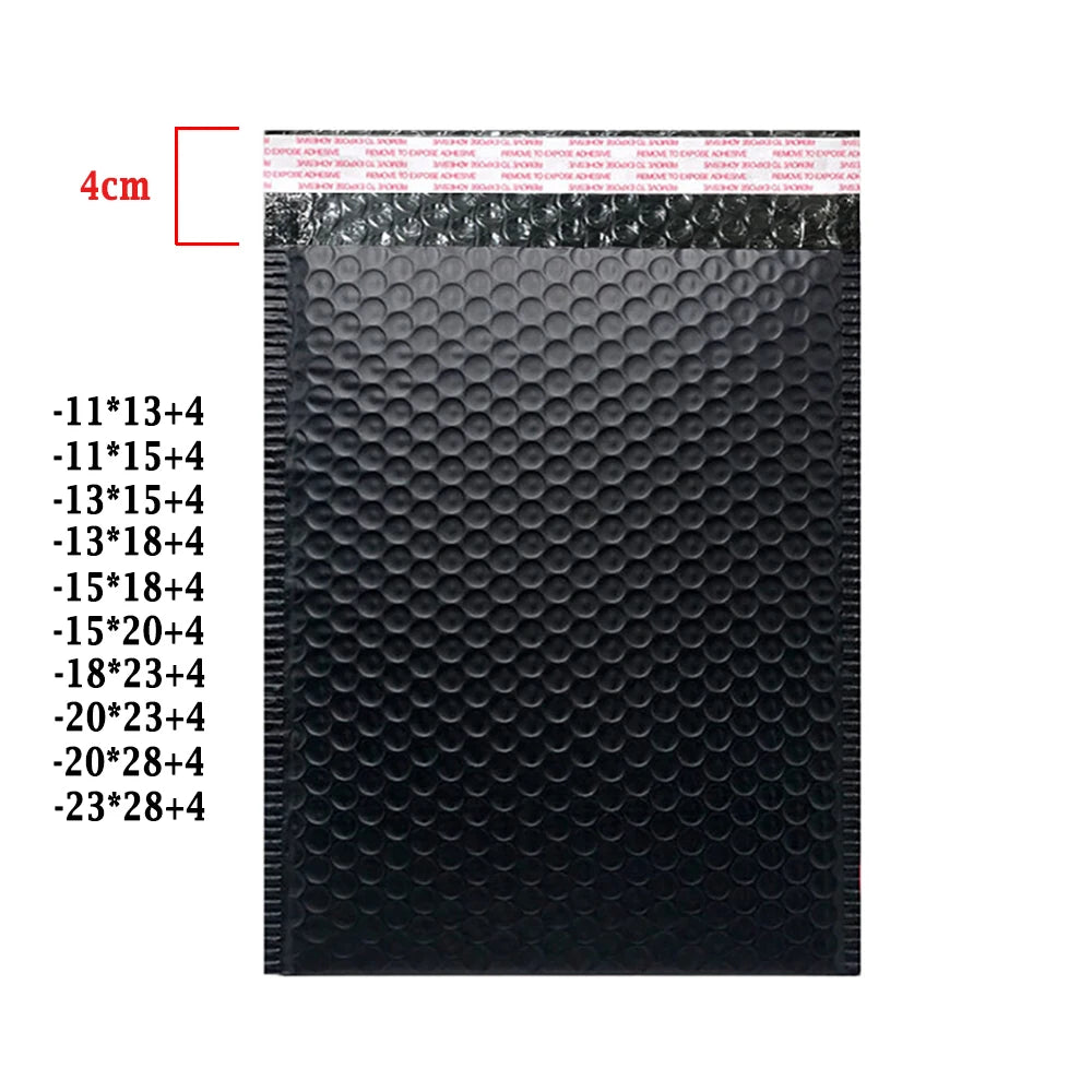 A black bubble mailer with dimensions of 4cm, showing various size options for secure shipping.