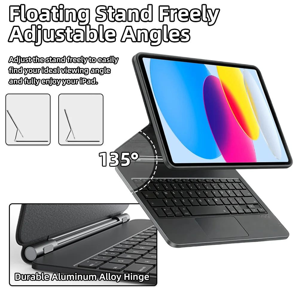 A floating stand accessory for an iPad showing adjustable angles and a magnetic wireless keyboard case.