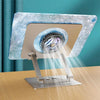A foldable tablet and phone stand with a rotating mechanism is displayed on a wooden surface.