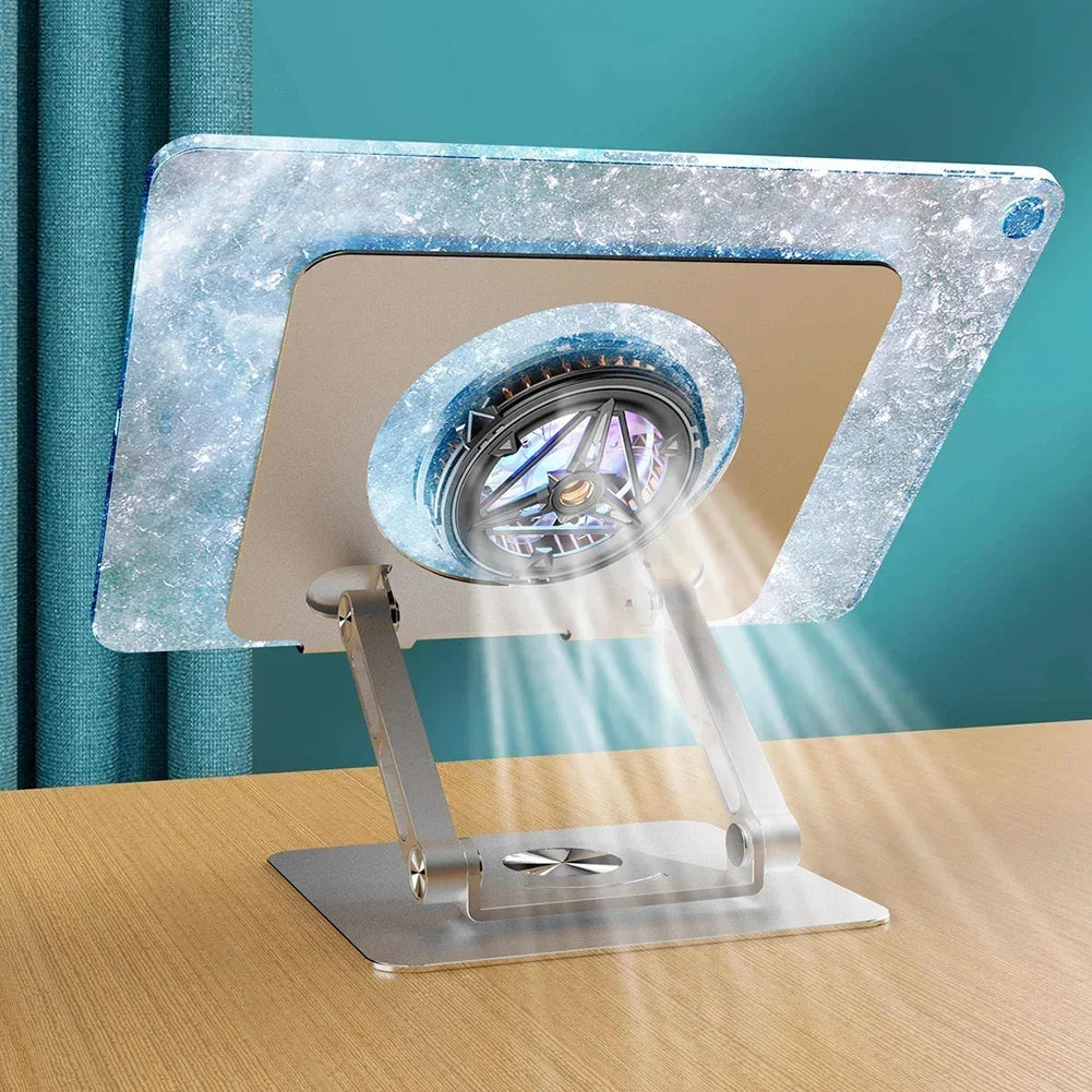A foldable tablet and phone stand with a rotating mechanism is displayed on a wooden surface.