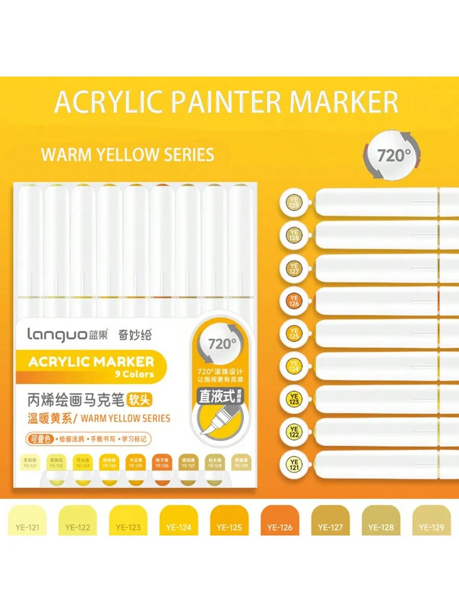 A set of 9 yellow acrylic paint markers with a 720 degree design for drawing and art.