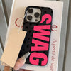 A pink polka dot phone case featuring the word SWAG and a silver ring, displayed on a white card.