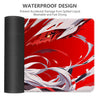 A red and white anime design mouse pad with a waterproof coating, shown next to its storage sleeve.