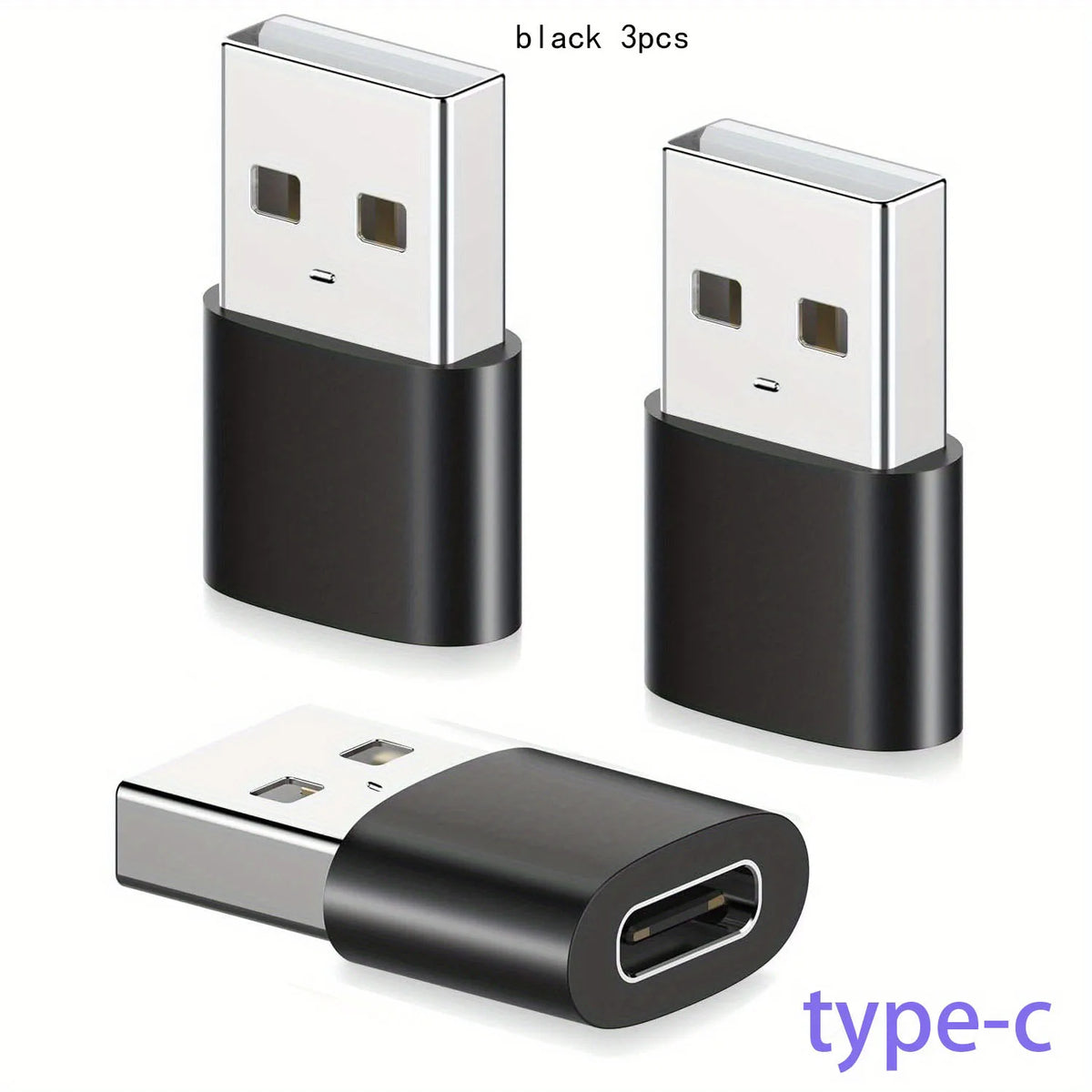 Three black USB to USB-C adapters for fast charging and data transfer