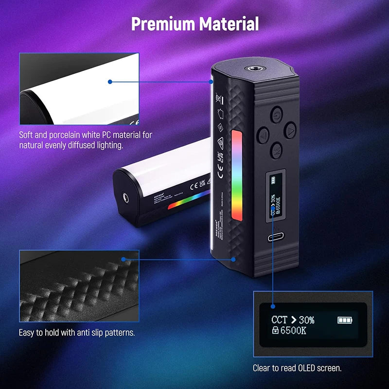 A black magnetic handheld light wand with a white LED panel and an OLED screen, demonstrating premium material features.
