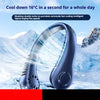 A close-up of a dark blue bladeless neck fan demonstrating a cool mist effect in a snowy outdoor setting.