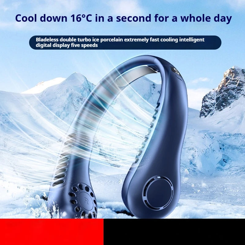 A close-up of a dark blue bladeless neck fan demonstrating a cool mist effect in a snowy outdoor setting.