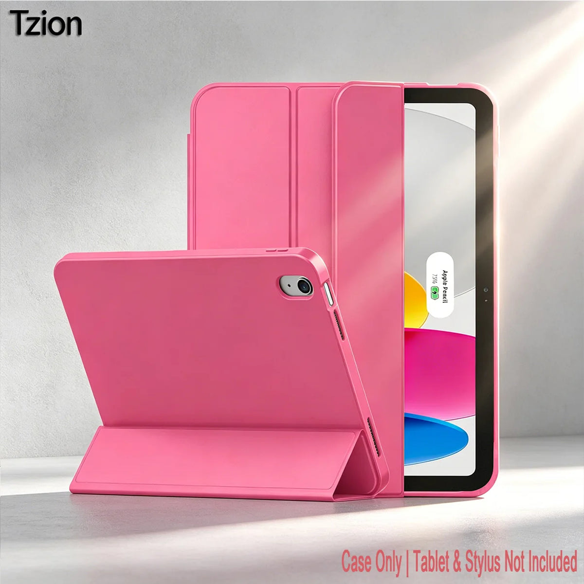 A pink trifold smart cover for an iPad is shown, displaying the device and a stylus slot.