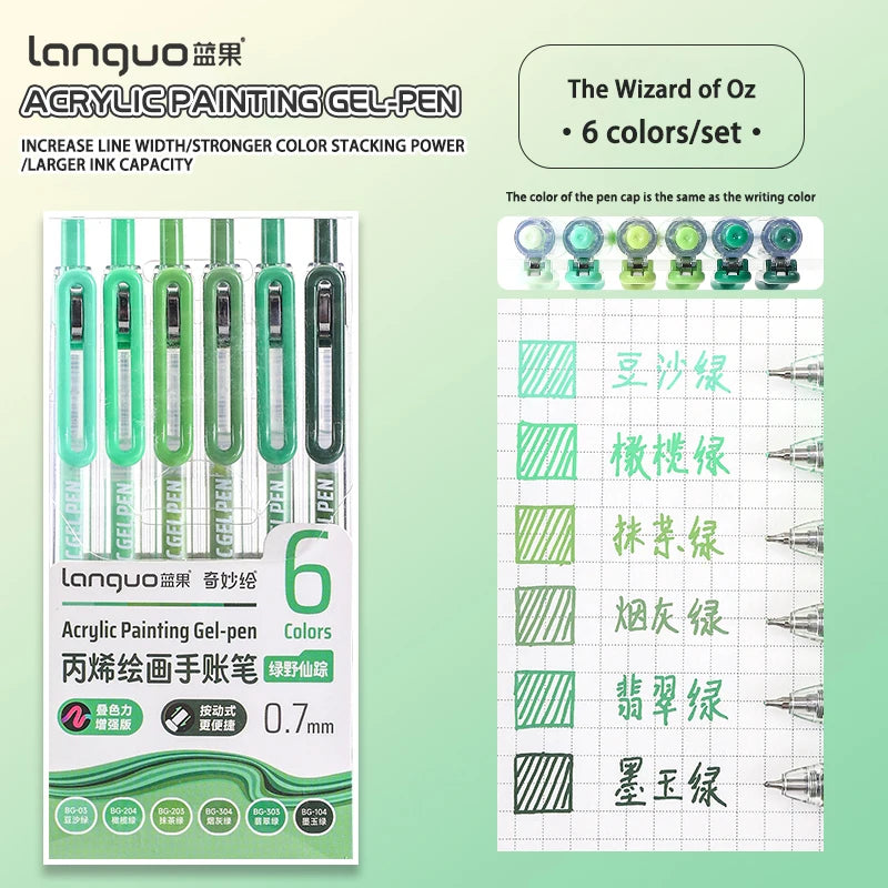 A set of six Languo Acrylic Painting Gel-pens in various colors with a grid showing color names and corresponding pens.