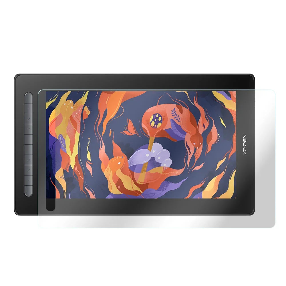 A matte film screen protector for an artist drawing monitor is shown with a colorful abstract design.