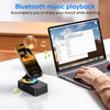 A laptop is shown next to a smartphone mounted on a wireless speaker stand, playing Bluetooth music for working.