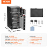 A black steel security safe box with multiple lock and key features shown in various views.