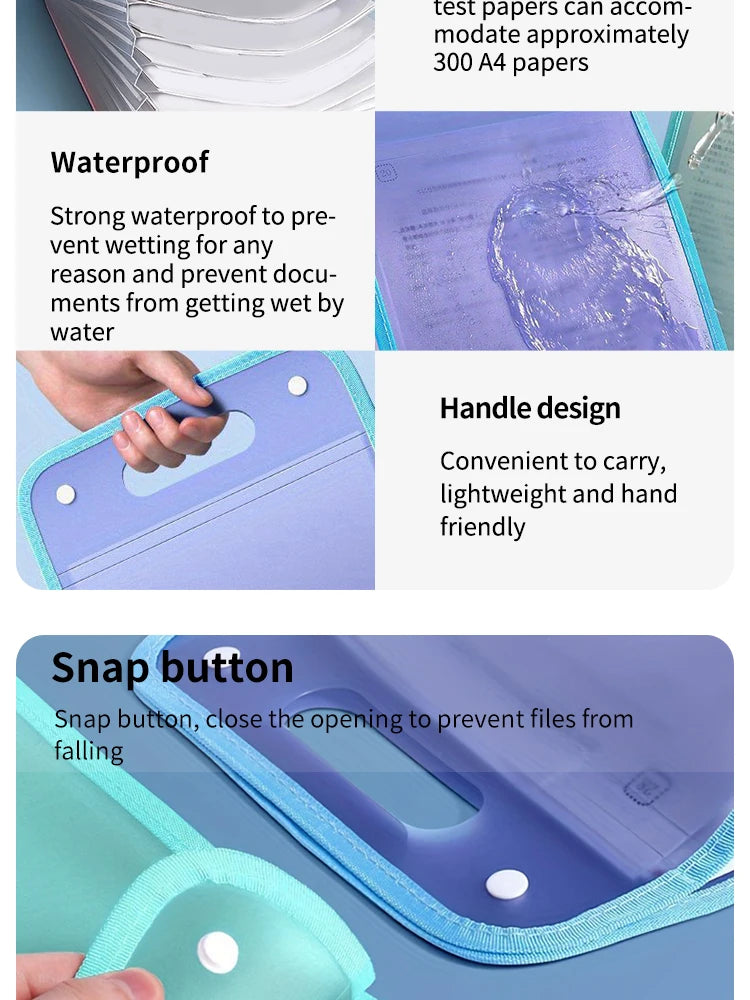 A close-up view of a purple accordion document organizer showing its waterproof features and snap button closure.