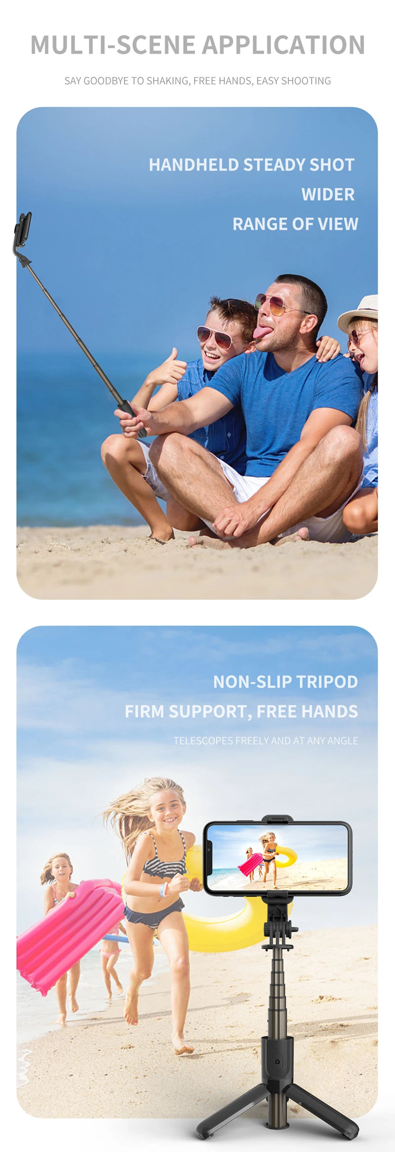 A person is using a Bluetooth selfie stick with an LED fill light and tripod stand to take a photo.