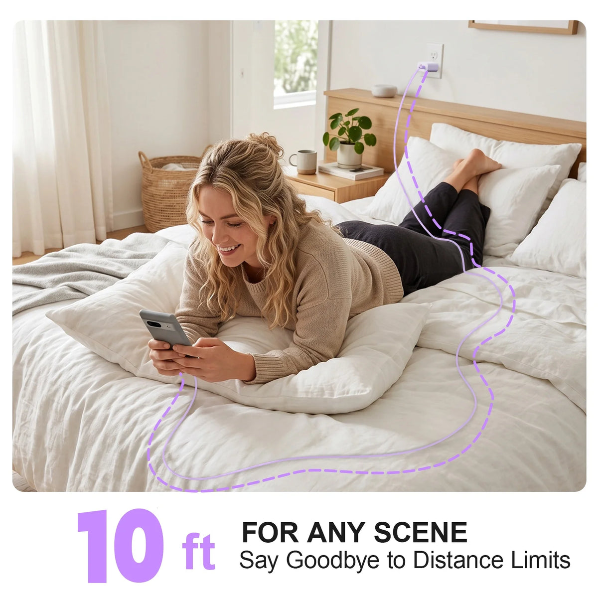 A hand is using a purple charging cable on a smartphone while relaxing in a bright bedroom setting.