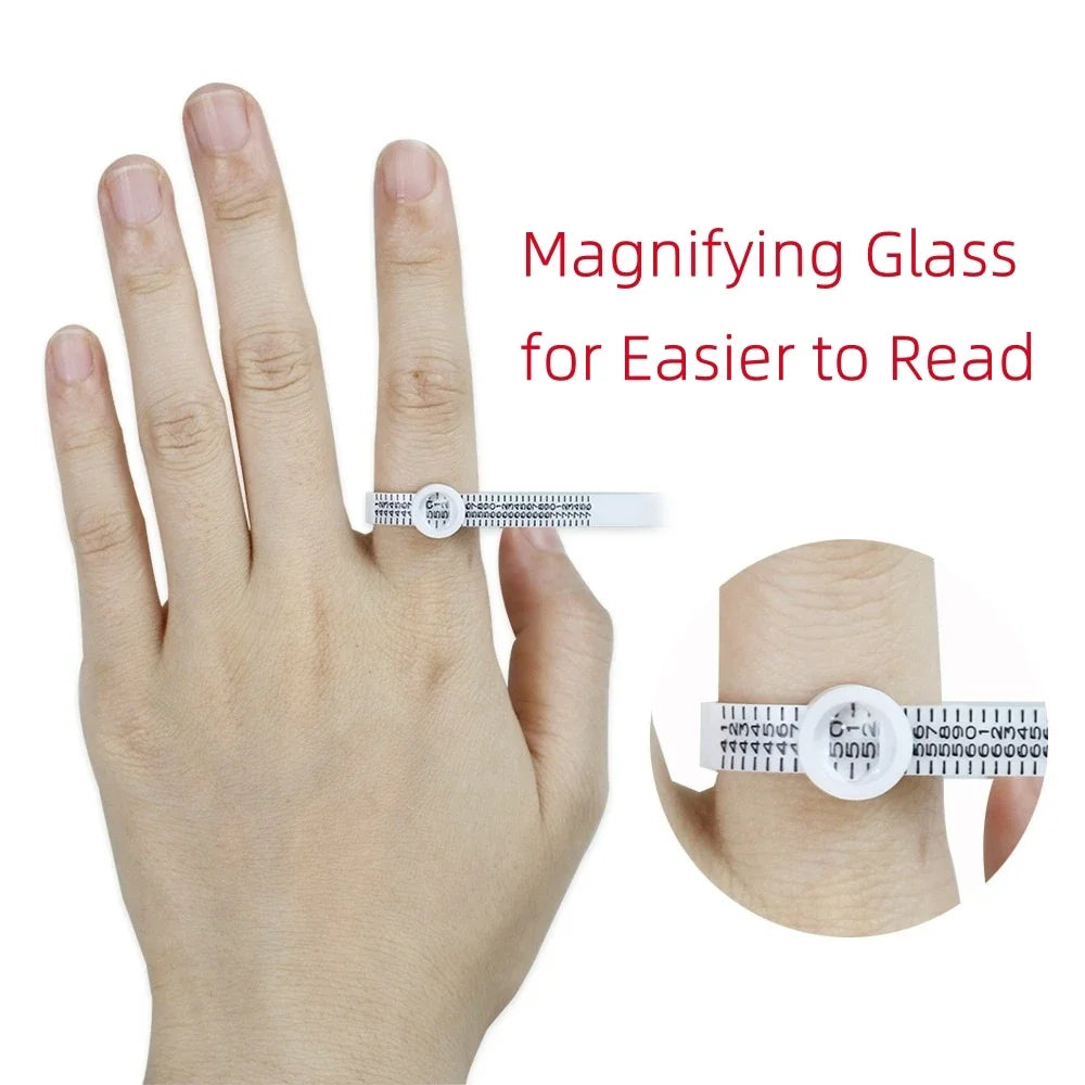 A hand demonstrates a magnifying glass ring sizer and measuring tool for easier reading.