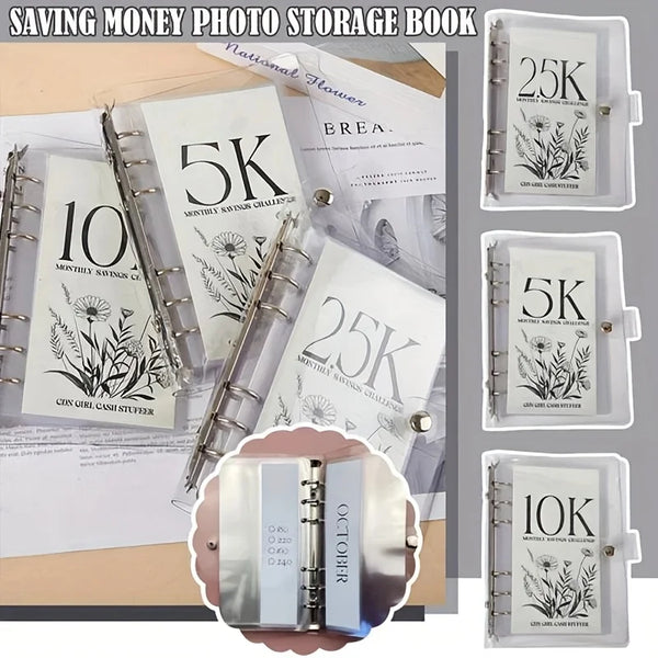 A set of photo storage books for saving money showing amounts like 5K, 10K, and 25K in floral designs.